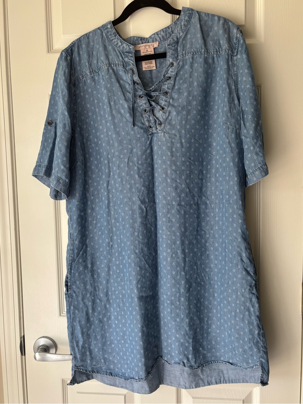 Philosophy Light Blue Chambray Lace-Up Mini Dress with *pockets*